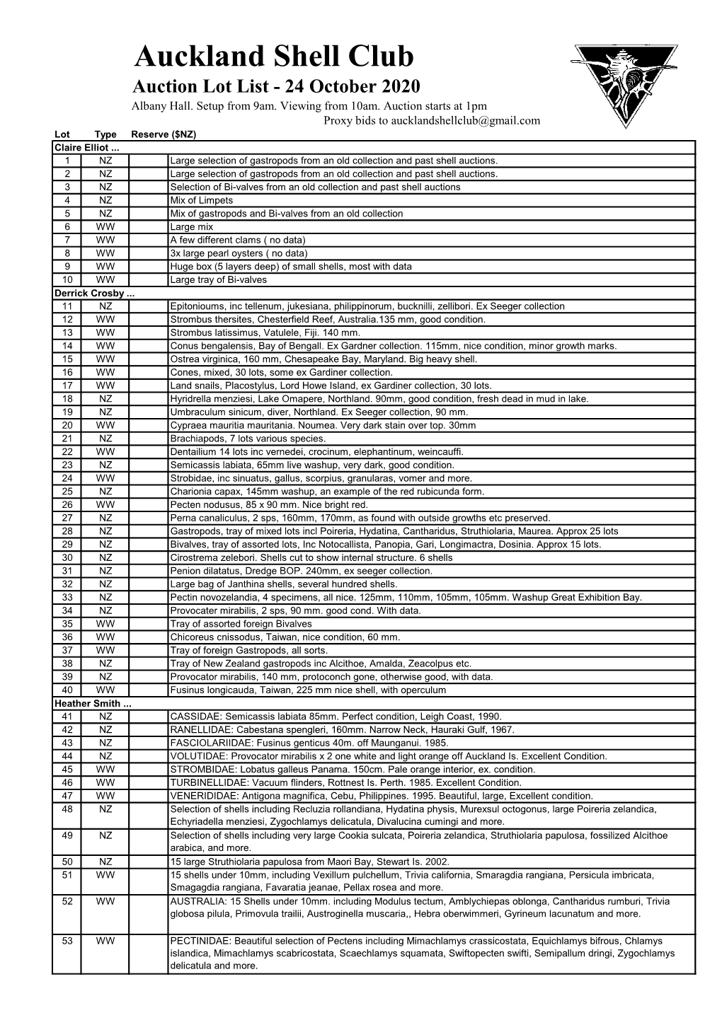 Auckland Shell Club Auction Lot List - 24 October 2020 Albany Hall