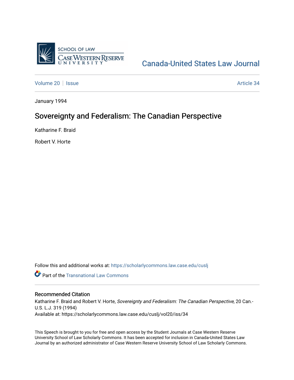 Sovereignty and Federalism: the Canadian Perspective