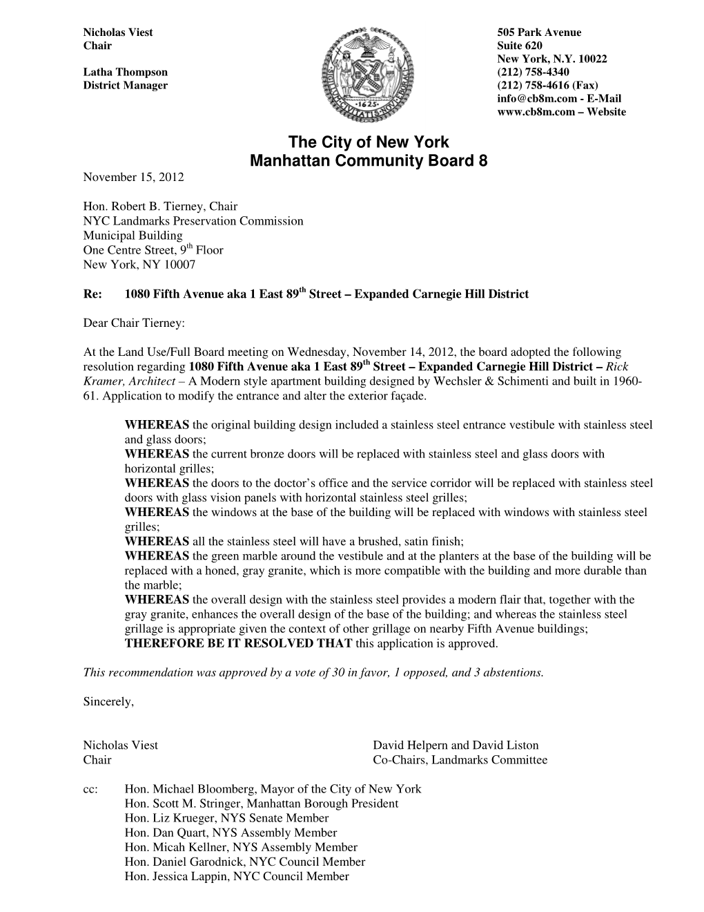 The City of New York Manhattan Community Board 8 November 15, 2012