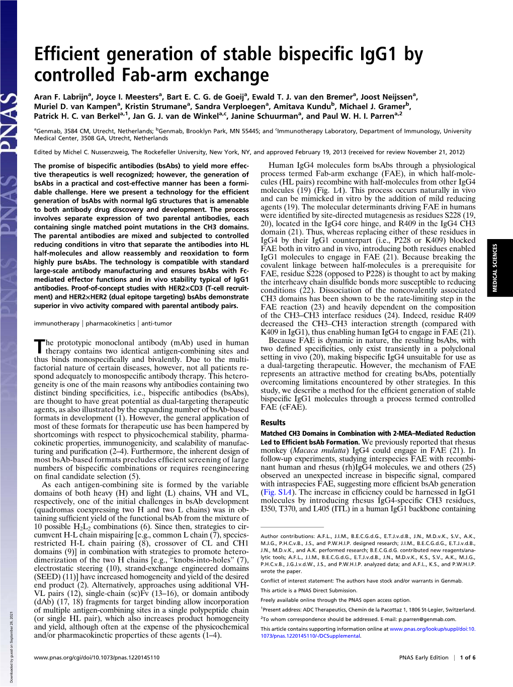 Efficient Generation of Stable Bispecific Igg1 by Controlled Fab-Arm