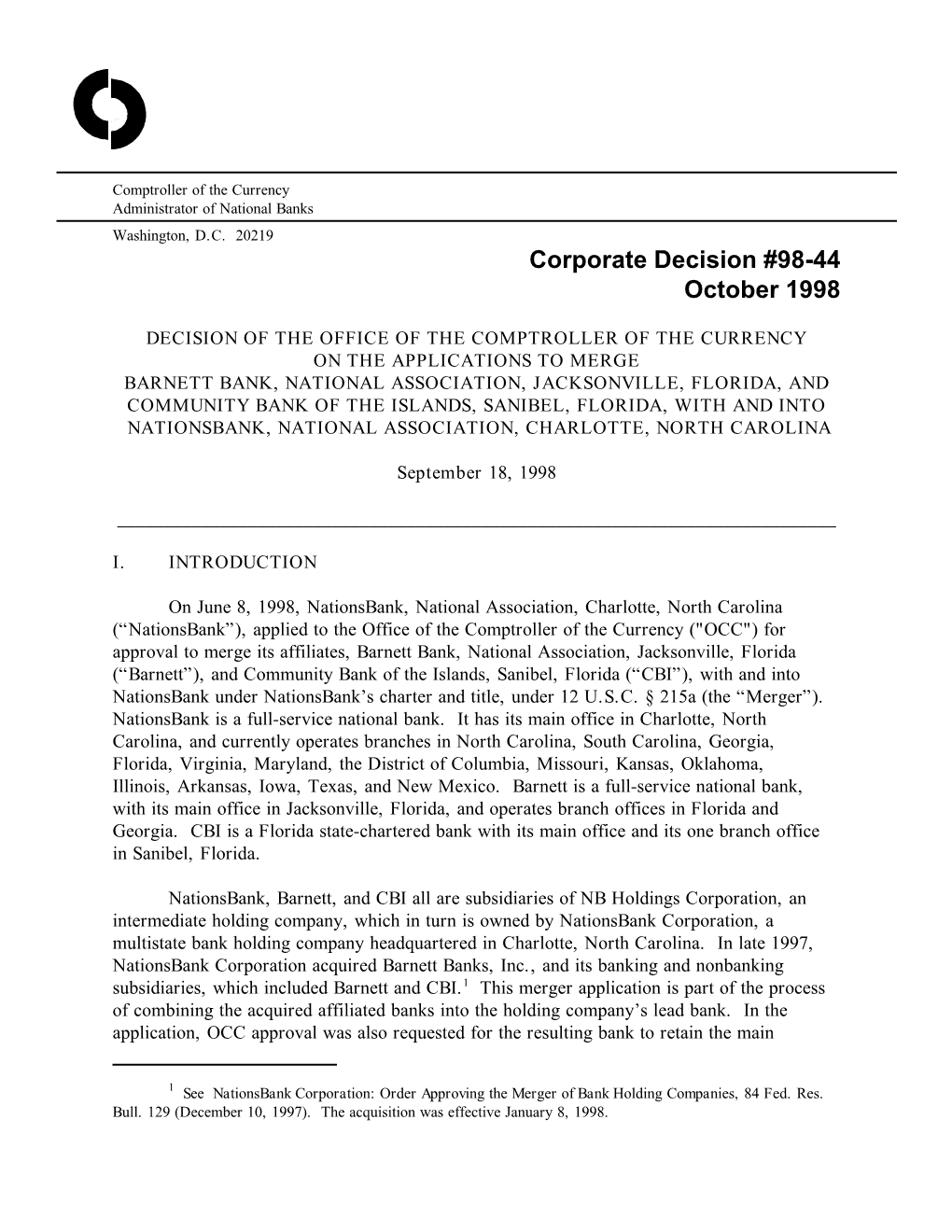 Corporate Decision #98-44 October 1998