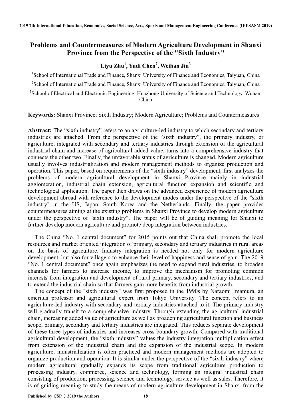 Problems and Countermeasures of Modern Agriculture Development in Shanxi Province from the Perspective of the "Sixth Industry"