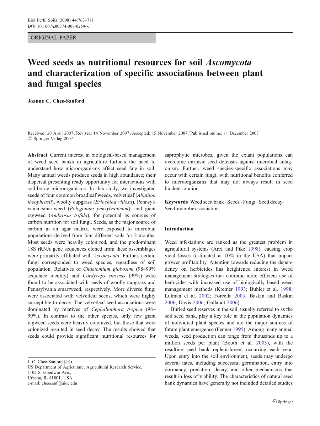 Weed Seeds As Nutritional Resources for Soil Ascomycota and Characterization of Specific Associations Between Plant and Fungal Species