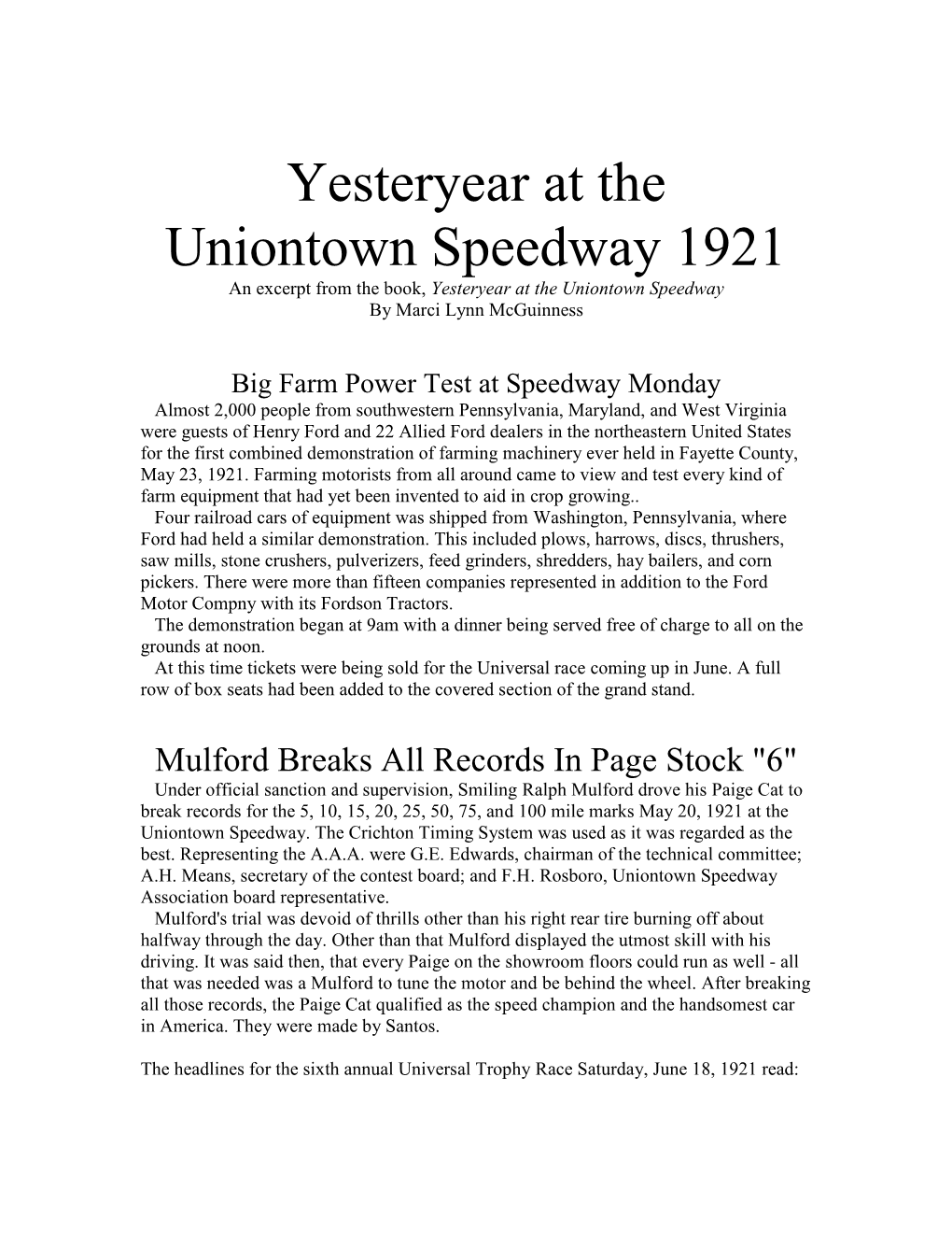 Uniontown Speedway Book Chapters 1921-1922.Pdf