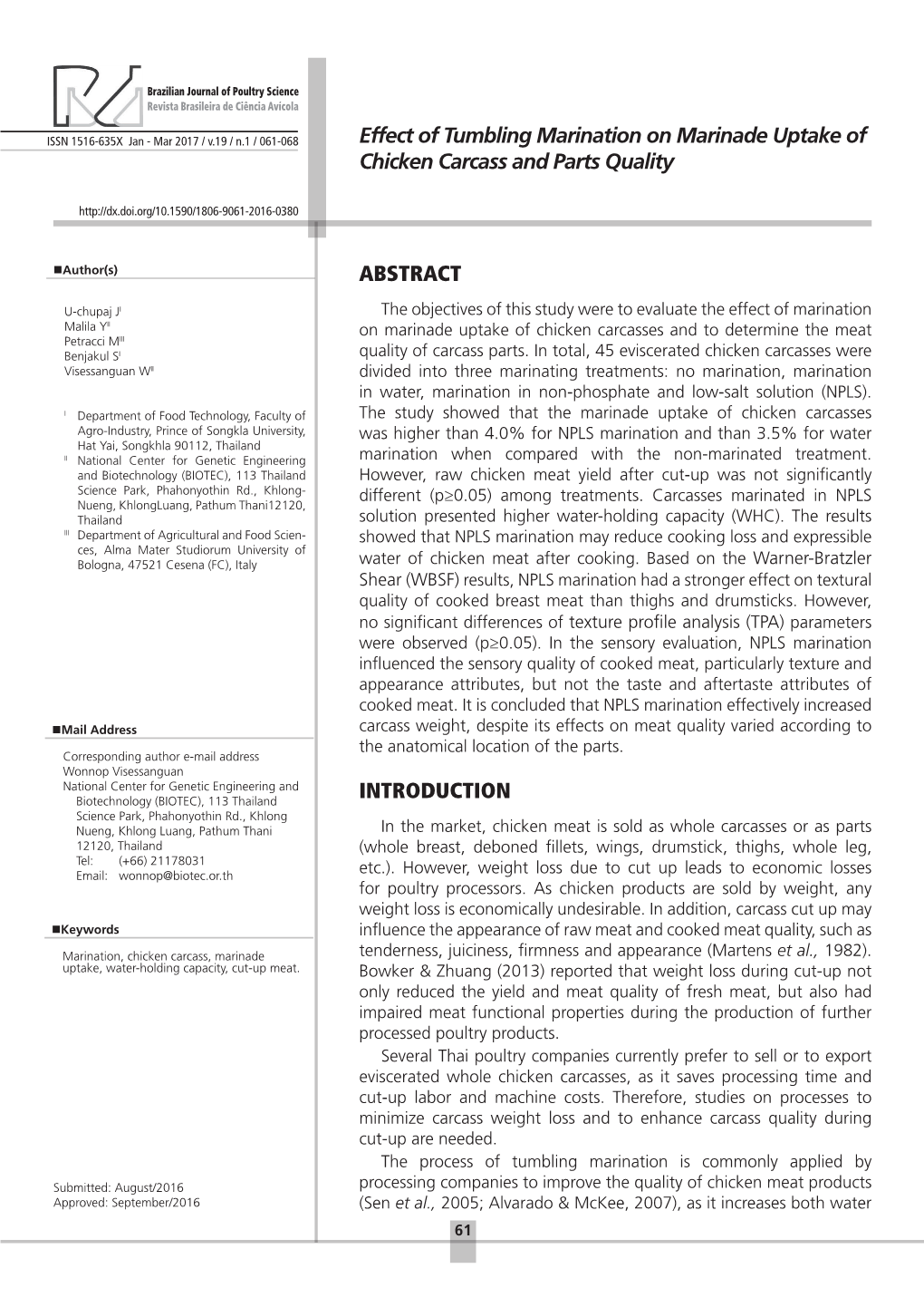 Effect of Tumbling Marination on Marinade Uptake of Chicken Carcass and Parts Quality ABSTRACT INTRODUCTION