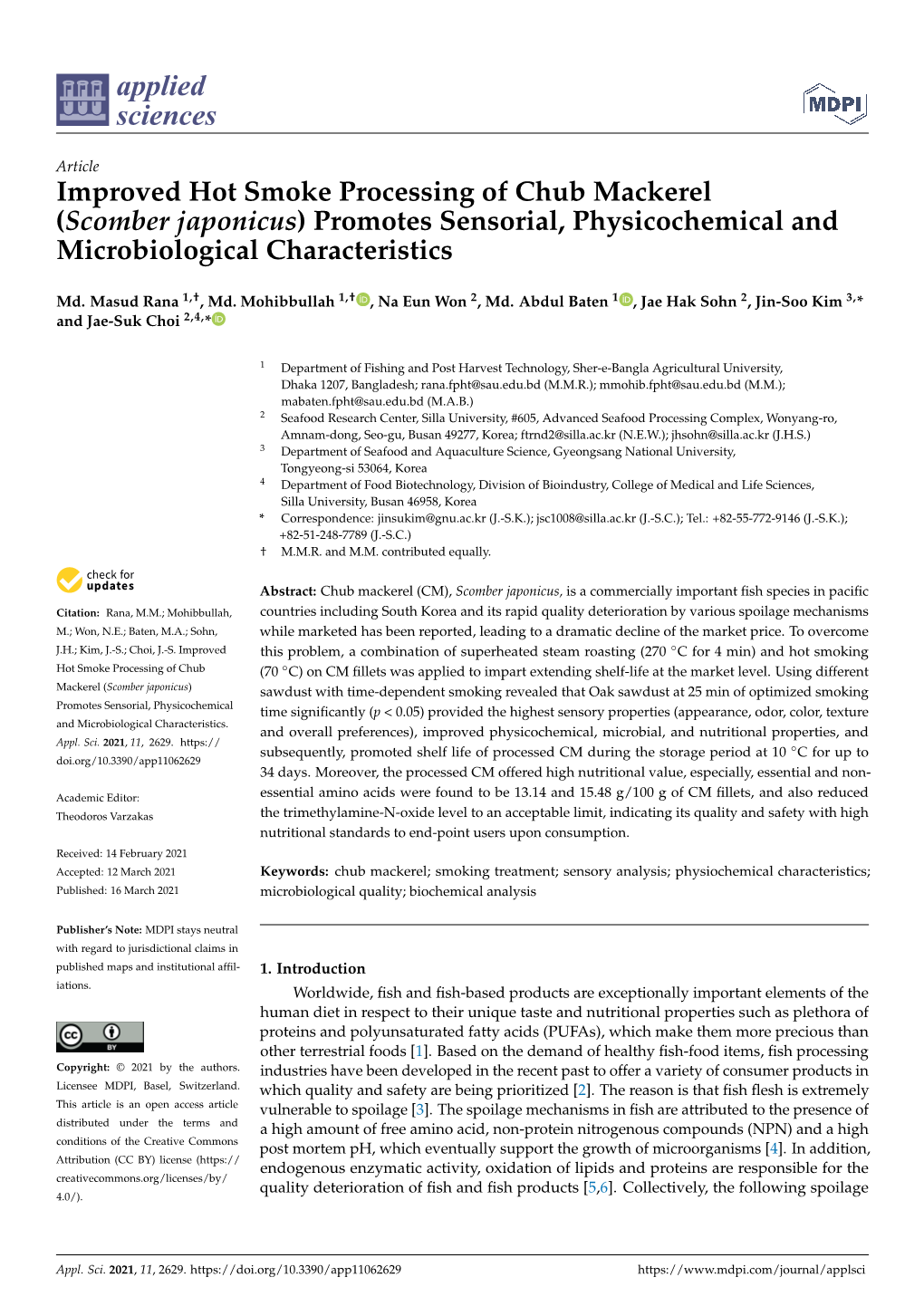 Improved Hot Smoke Processing of Chub Mackerel (Scomber Japonicus) Promotes Sensorial, Physicochemical and Microbiological Characteristics