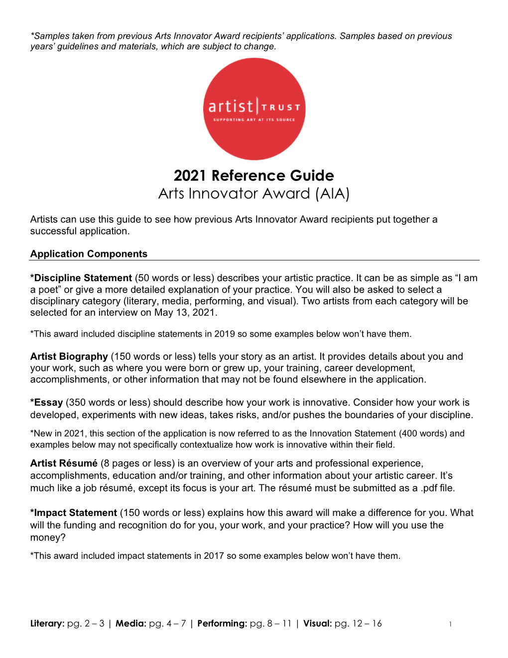 2021 Reference Guide Arts Innovator Award (AIA)