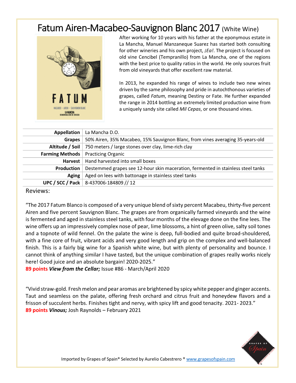 Fatum Airen-Macabeo-Sauvignon Blanc 2017(White Wine)