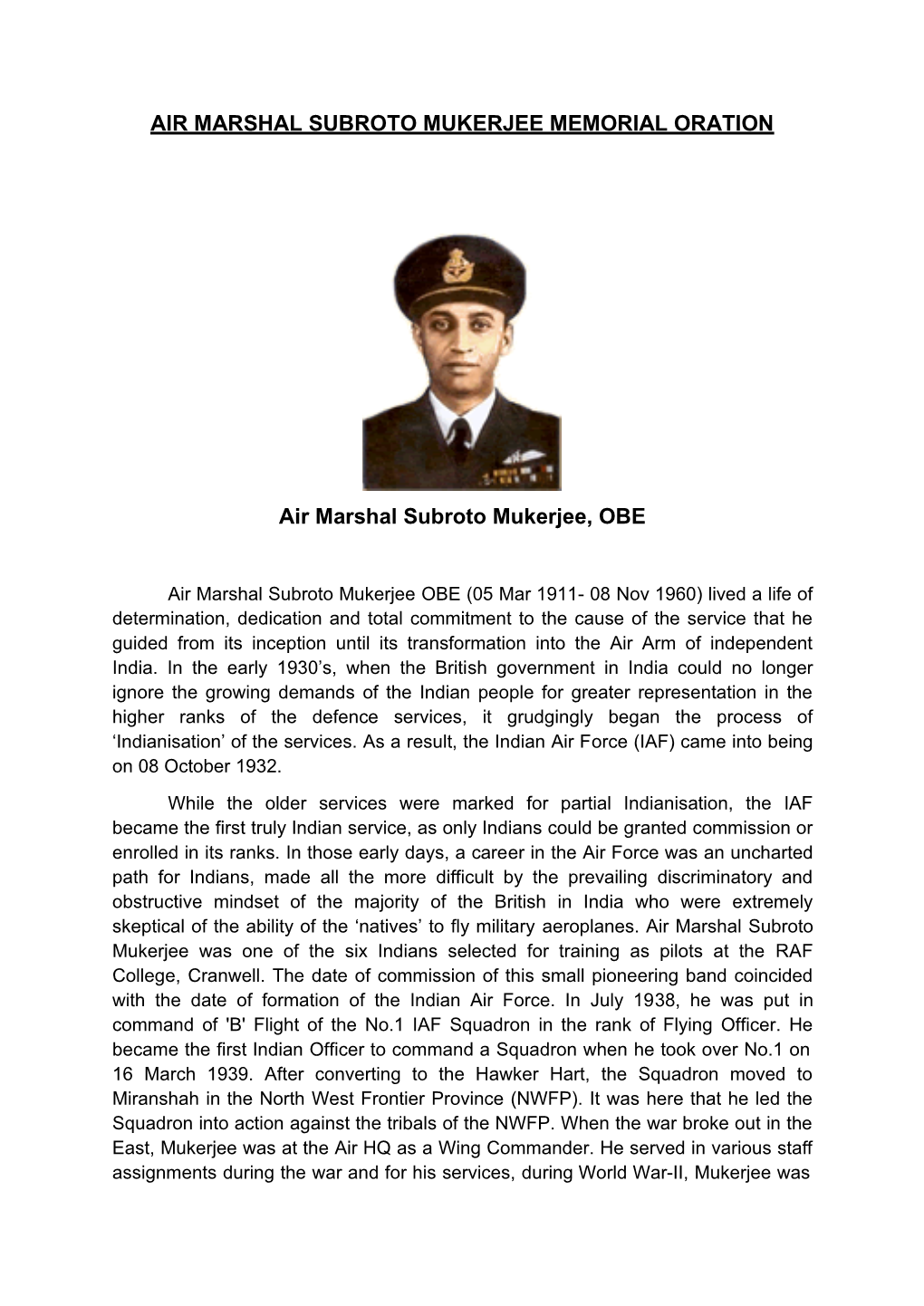 Air Marshal Subroto Mukerjee Memorial Oration