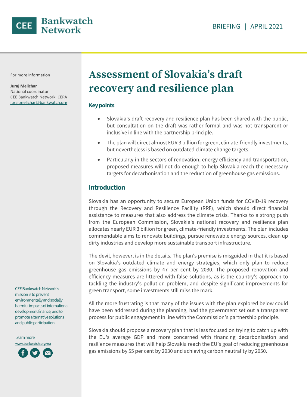 Assessment of Slovakia's Draft Recovery and Resilience Plan