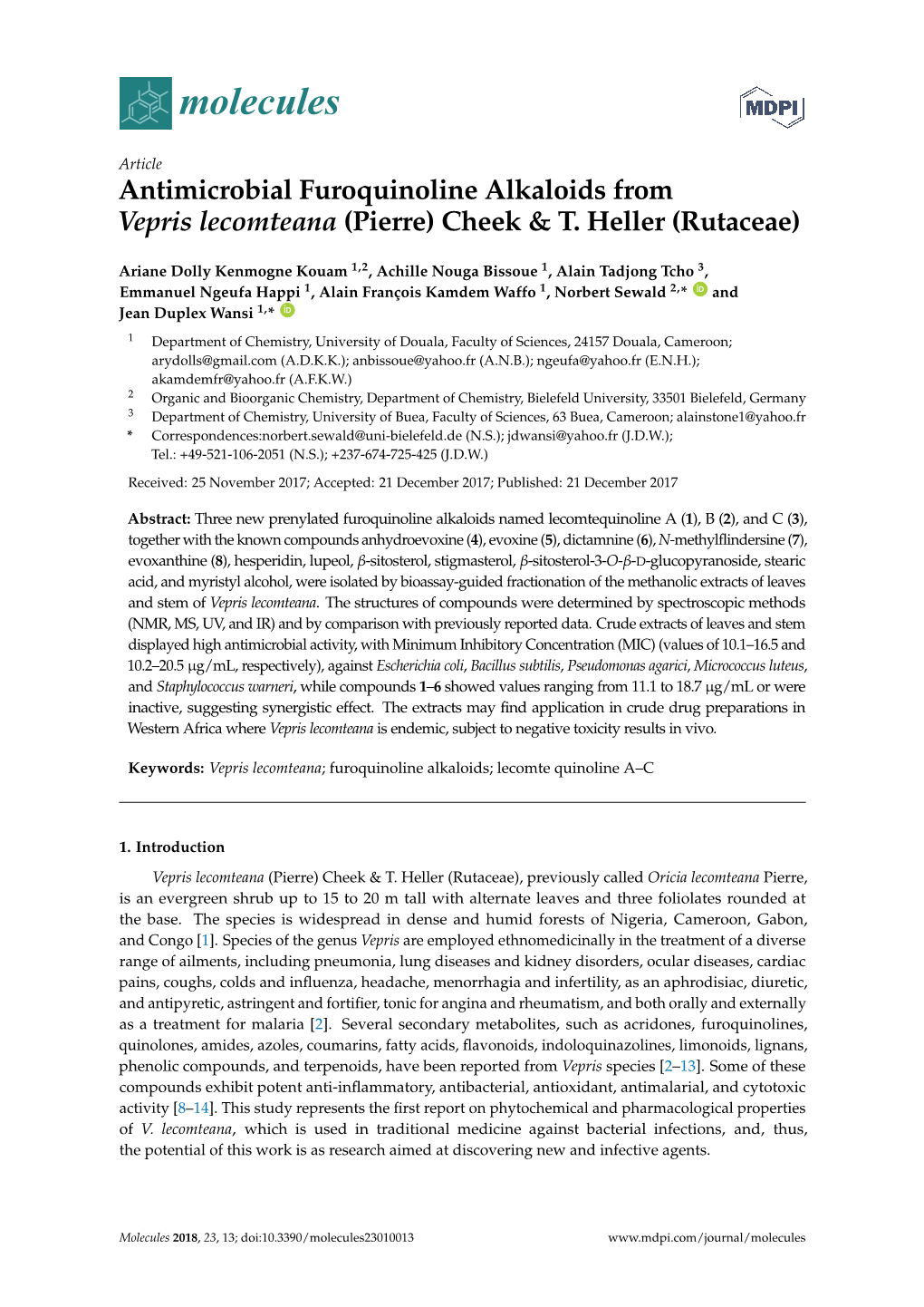 Antimicrobial Furoquinoline Alkaloids from Vepris Lecomteana (Pierre) Cheek & T. Heller (Rutaceae)
