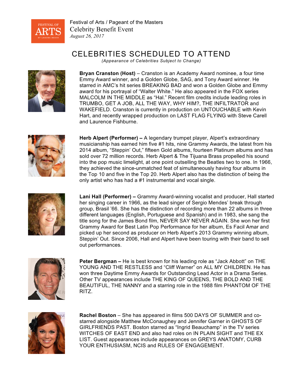 CELEBRITIES SCHEDULED to ATTEND (Appearance of Celebrities Subject to Change)