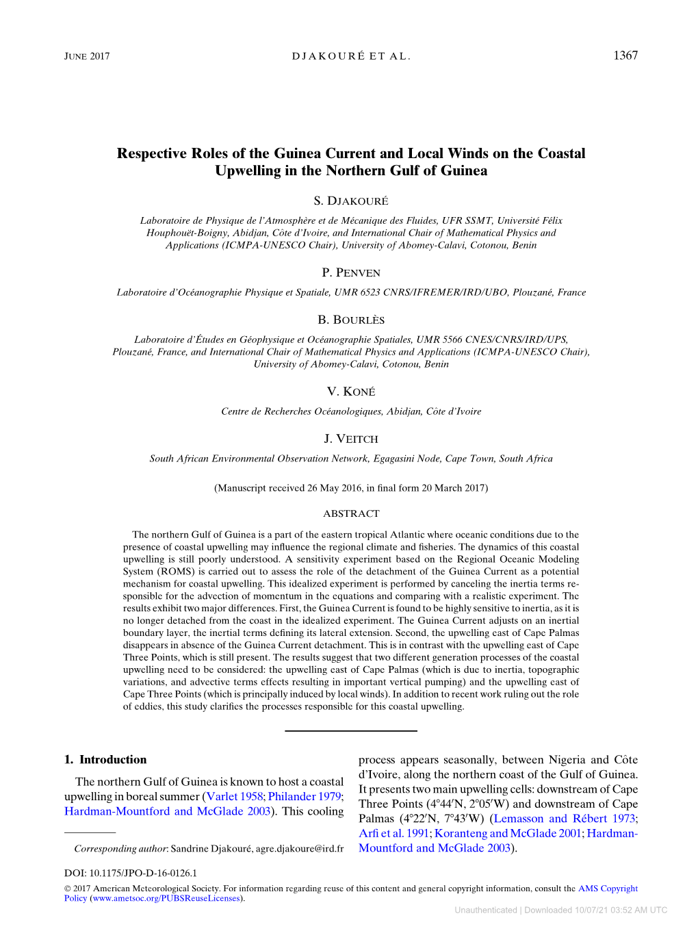 Respective Roles of the Guinea Current and Local Winds on the Coastal Upwelling in the Northern Gulf of Guinea