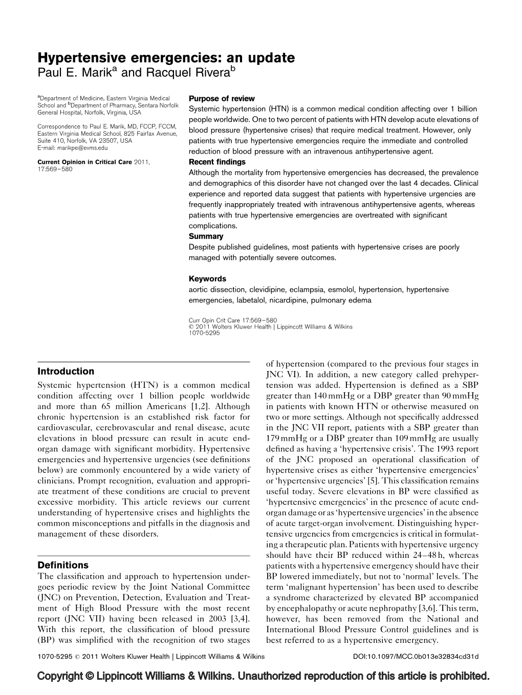 Hypertensive Emergencies: an Update Paul E