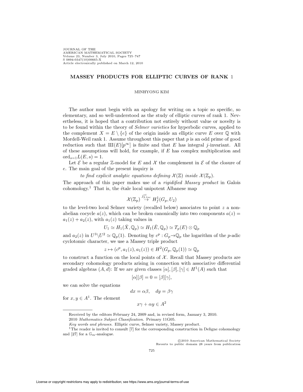 MASSEY PRODUCTS for ELLIPTIC CURVES of RANK 1 the Author