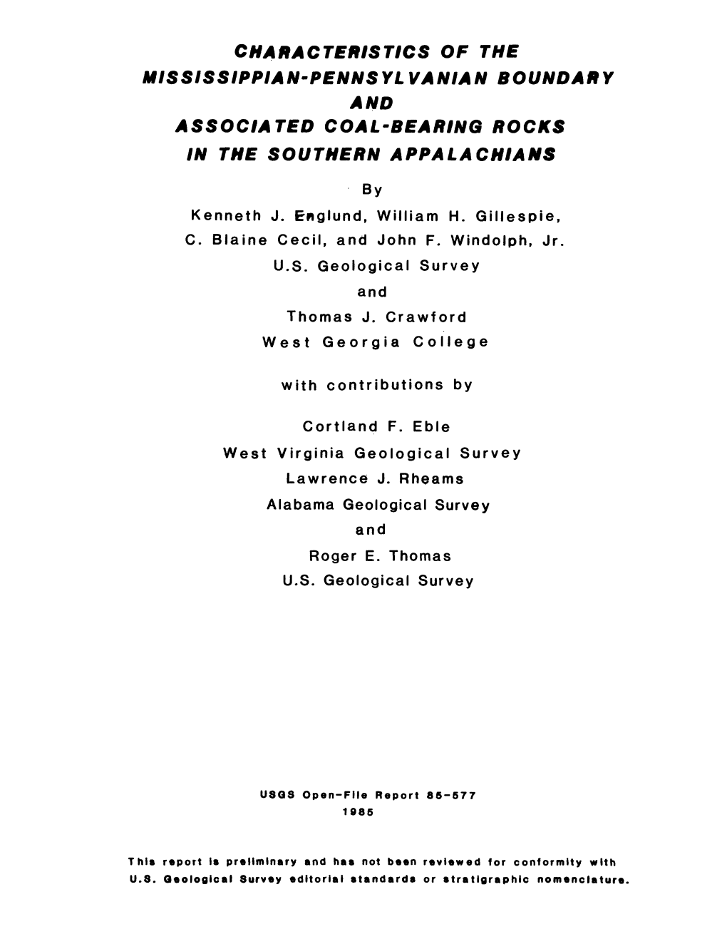 Characteristics of the Mississippian-Pennsylvanian Boundary and Associated Coal-Bearing Rocks in the Southern Appalachians