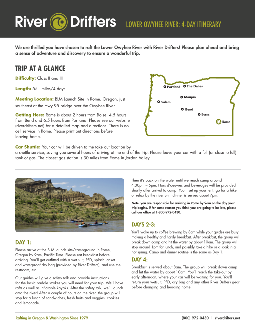 Trip at a Glance Lower Owyhee River: 4-Day Itinerary