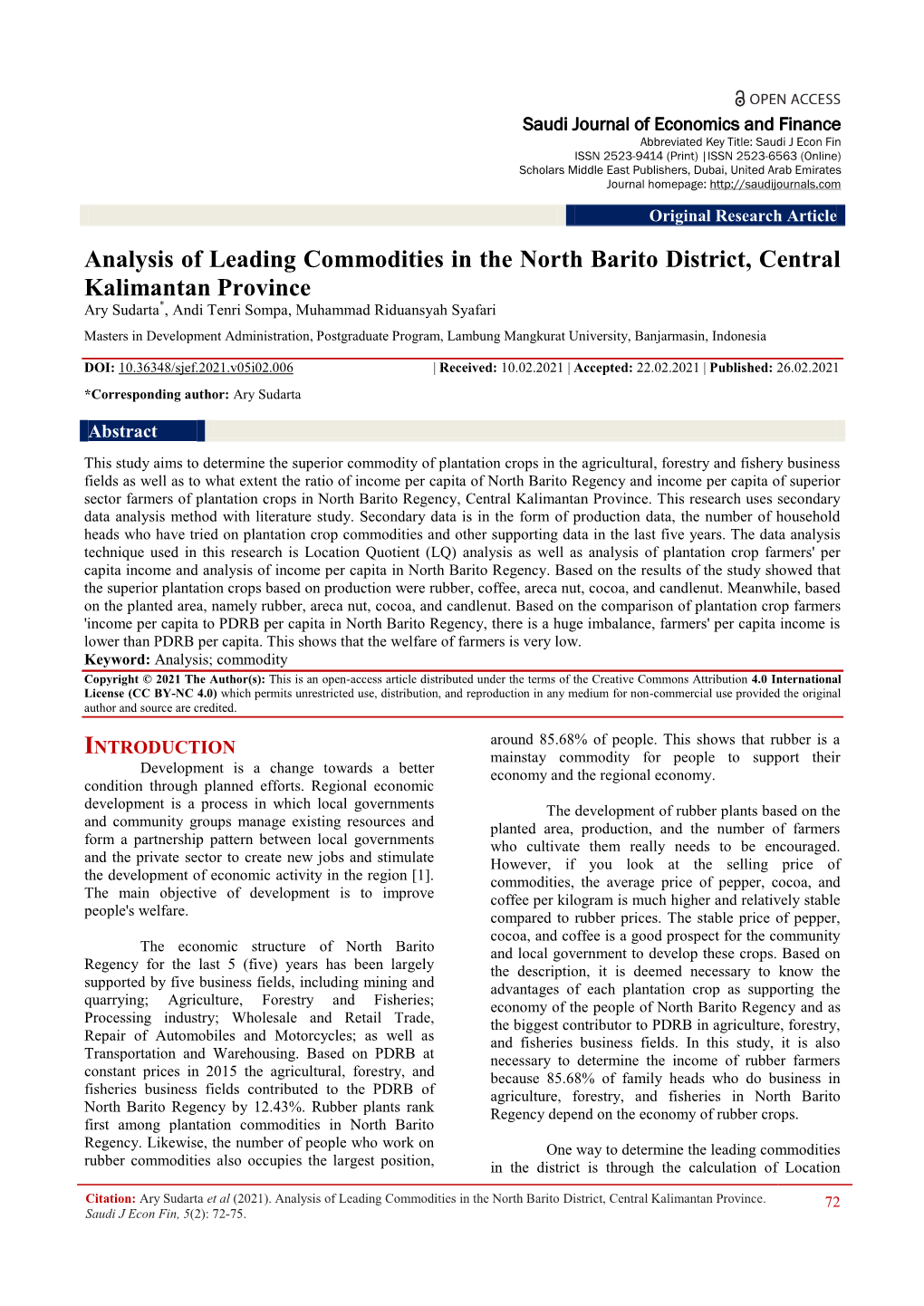 Analysis of Leading Commodities in the North Barito District, Central Kalimantan Province Ary Sudarta*, Andi Tenri Sompa, Muhammad Riduansyah Syafari