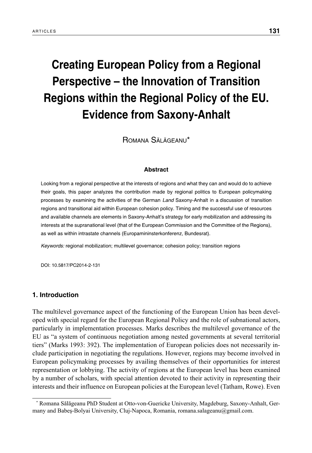 The Innovation of Transition Regions Within the Regional Policy of the EU