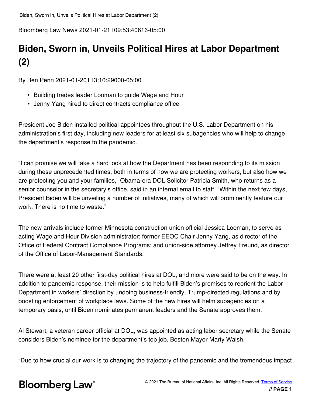 Biden, Sworn In, Unveils Political Hires at Labor Department (2)