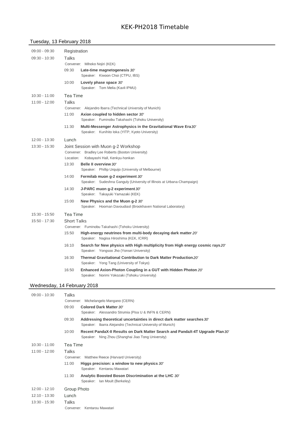 KEK-PH2018 Timetable