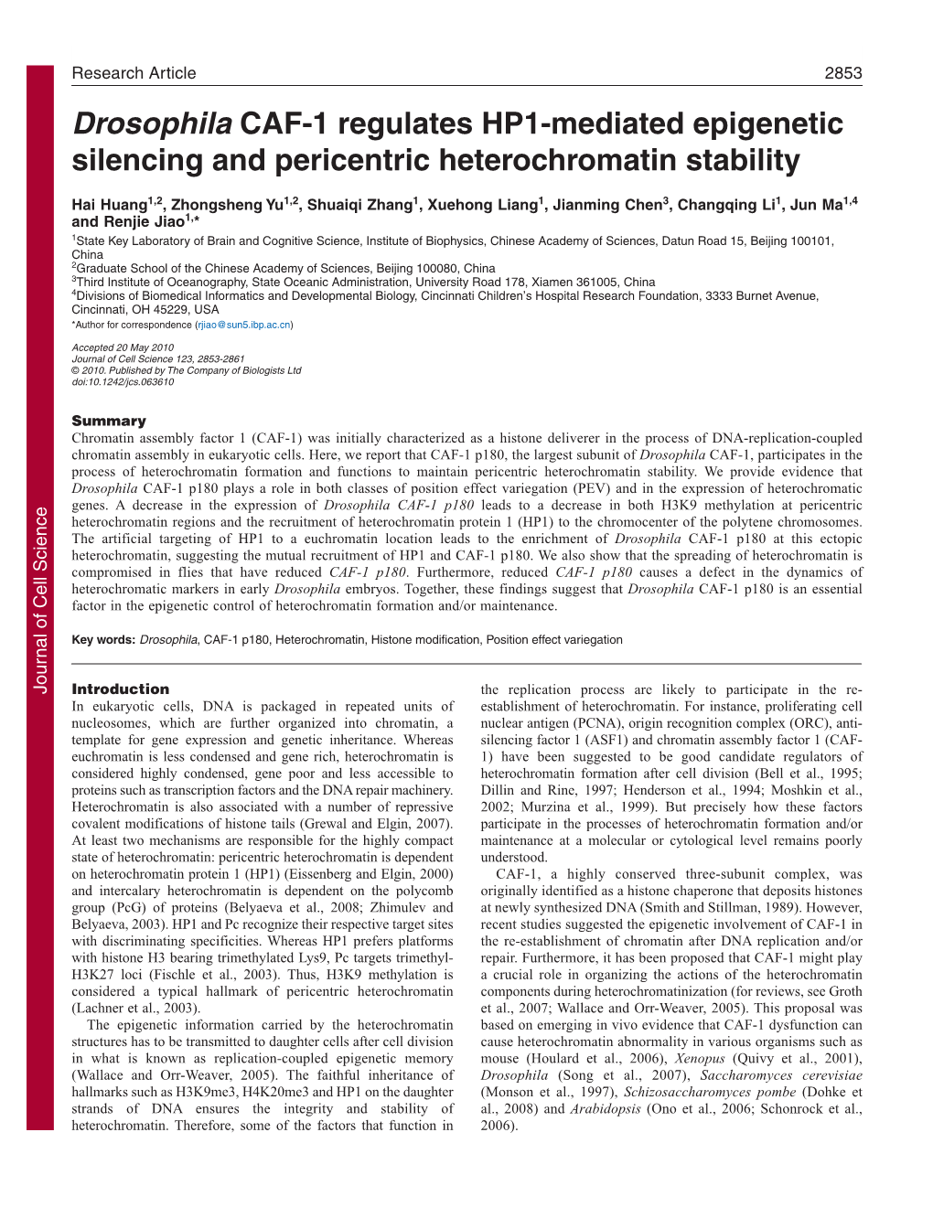 Drosophila CAF-1 Regulates HP1-Mediated Epigenetic Silencing and Pericentric Heterochromatin Stability