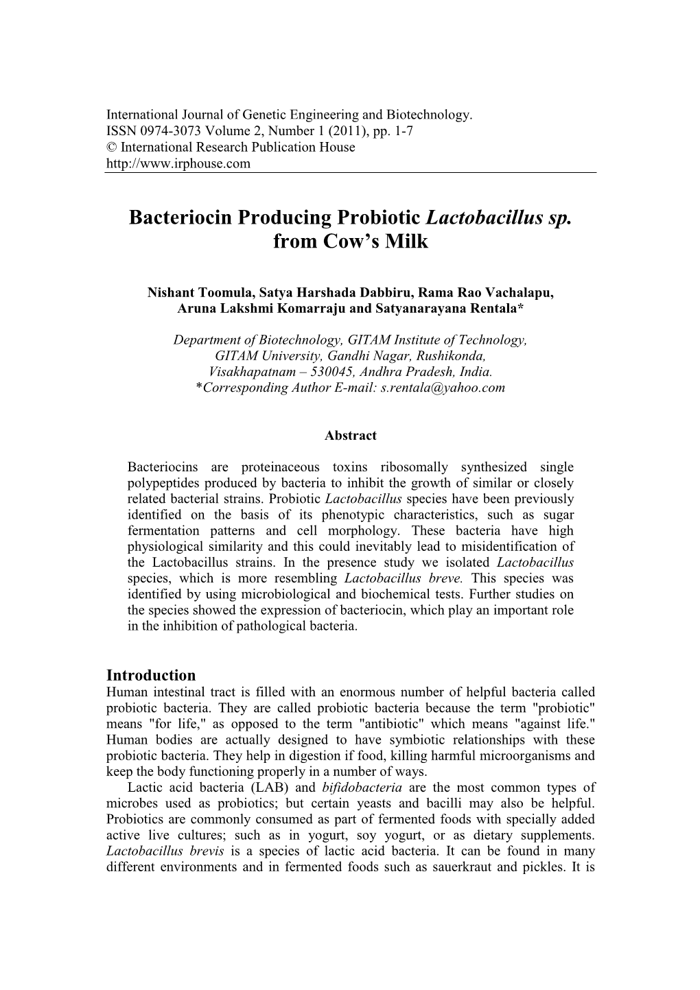 Bacteriocin Producing Probiotic Lactobacillus Sp. from Cow's Milk