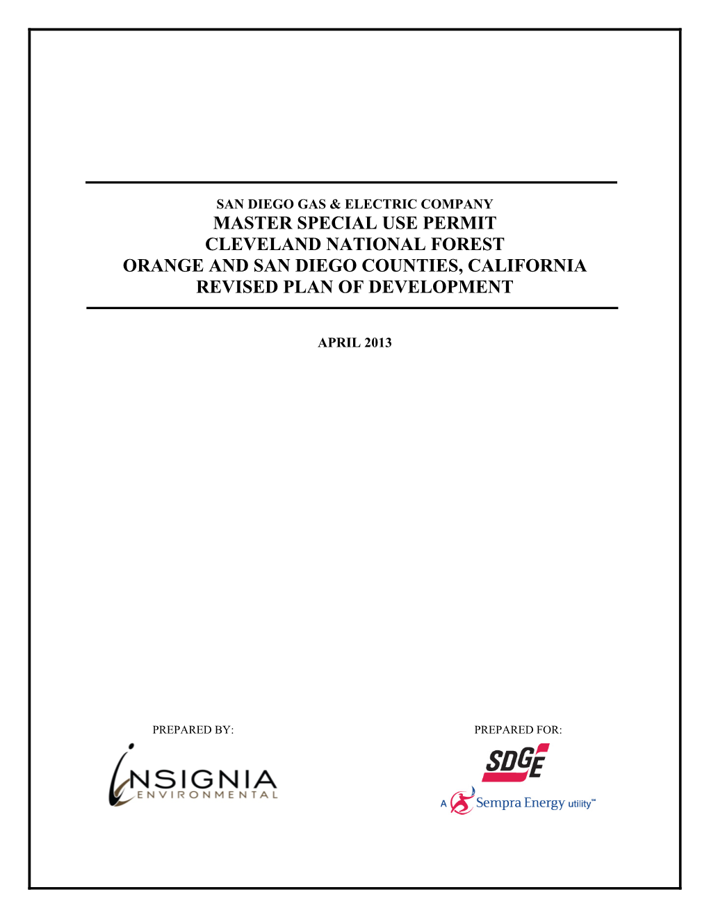 Master Special Use Permit Cleveland National Forest Orange and San Diego Counties, California Revised Plan of Development