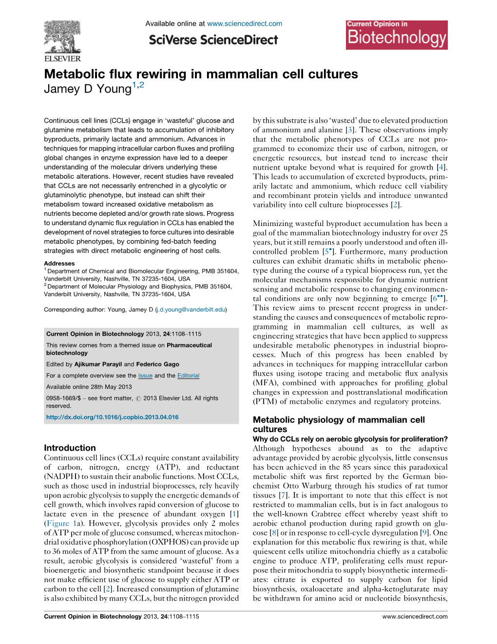 Metabolic Flux Rewiring in Mammalian Cell Cultures Young 1109