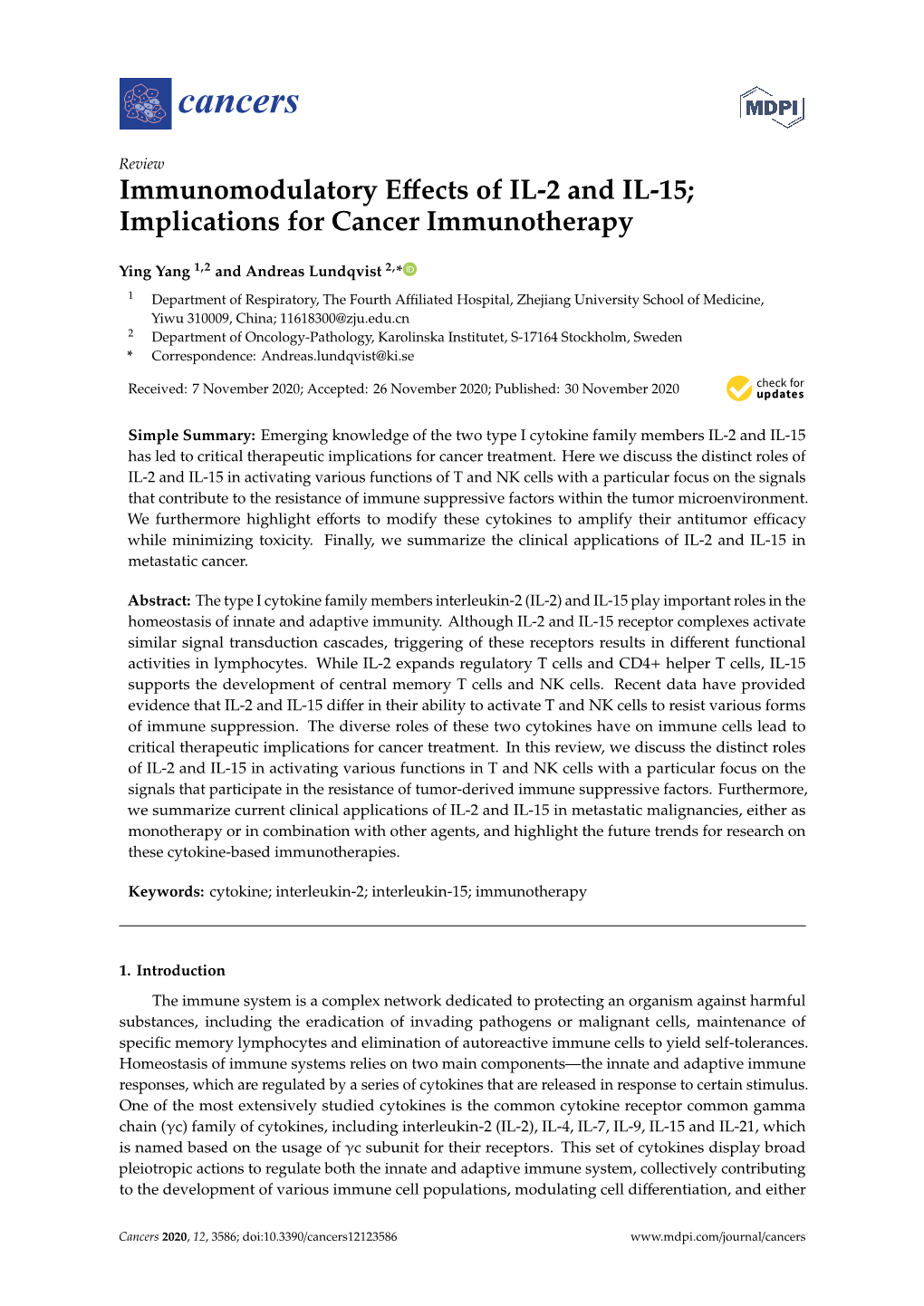 Immunomodulatory Effects of IL-2 and IL-15; Implications for Cancer