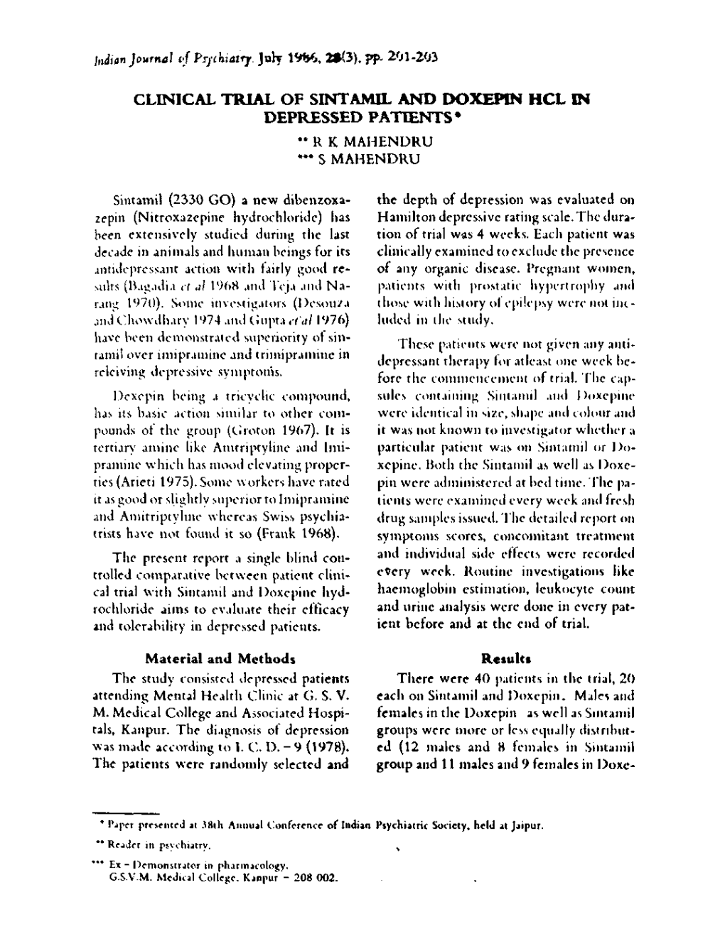 (3), Pp. 201-203 CLERICAL TRIAL of SINTAMIL and DOXEPIN HCL IN