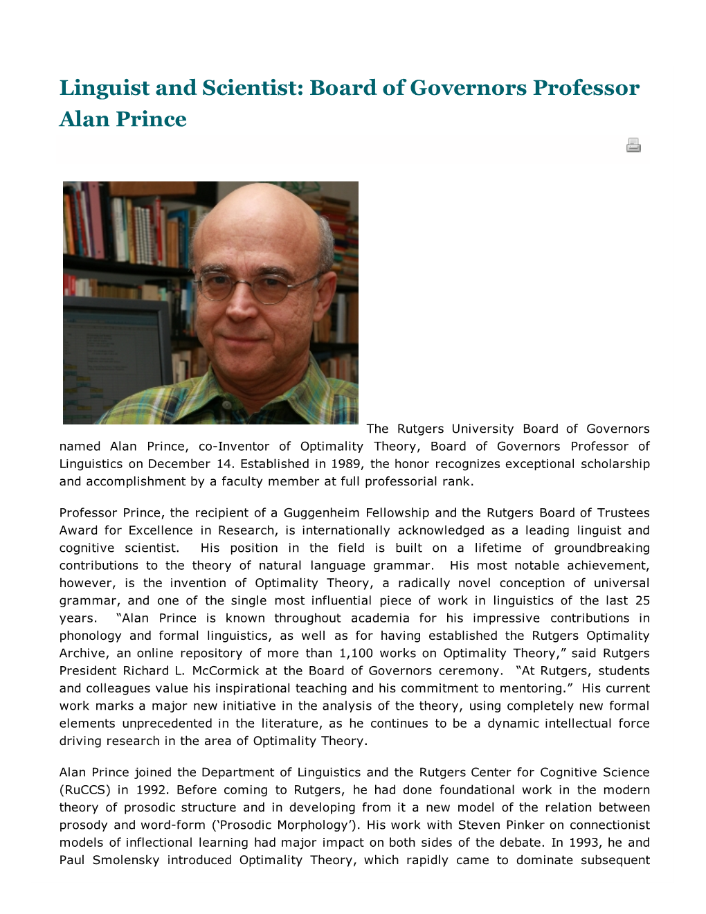 Linguist and Scientist: Board of Governors Professor Alan Prince