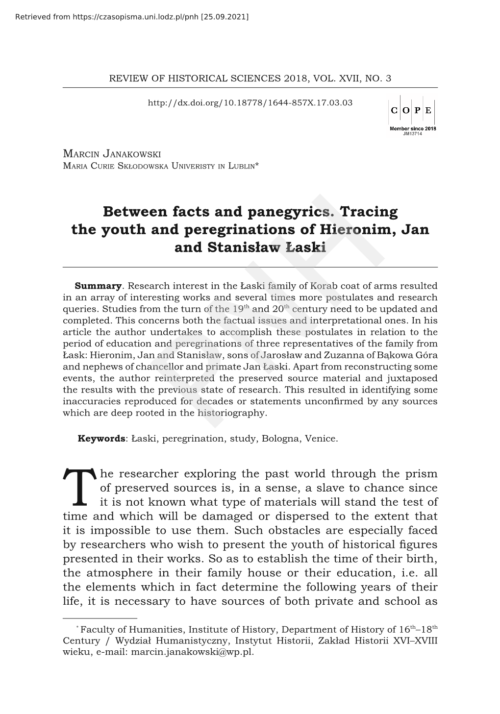 Between Facts and Panegyrics. Tracing the Youth and Peregrinations of Hieronim, Jan and Stanisław Łaski