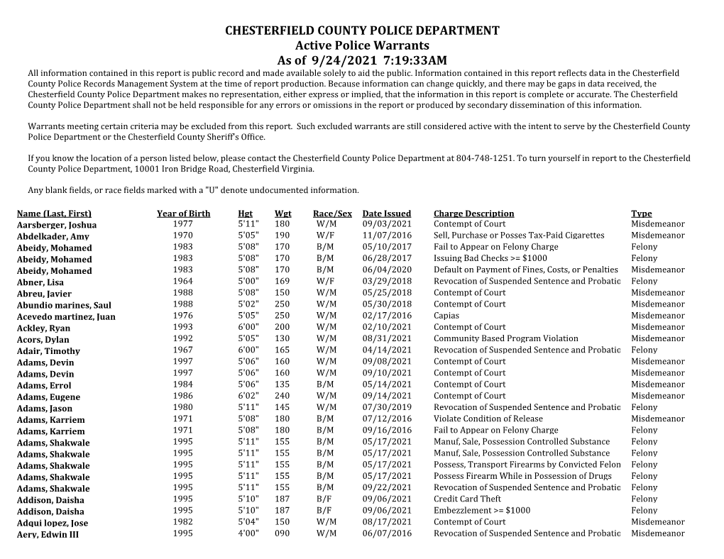 Chesterfield County Police Department Active Warrants