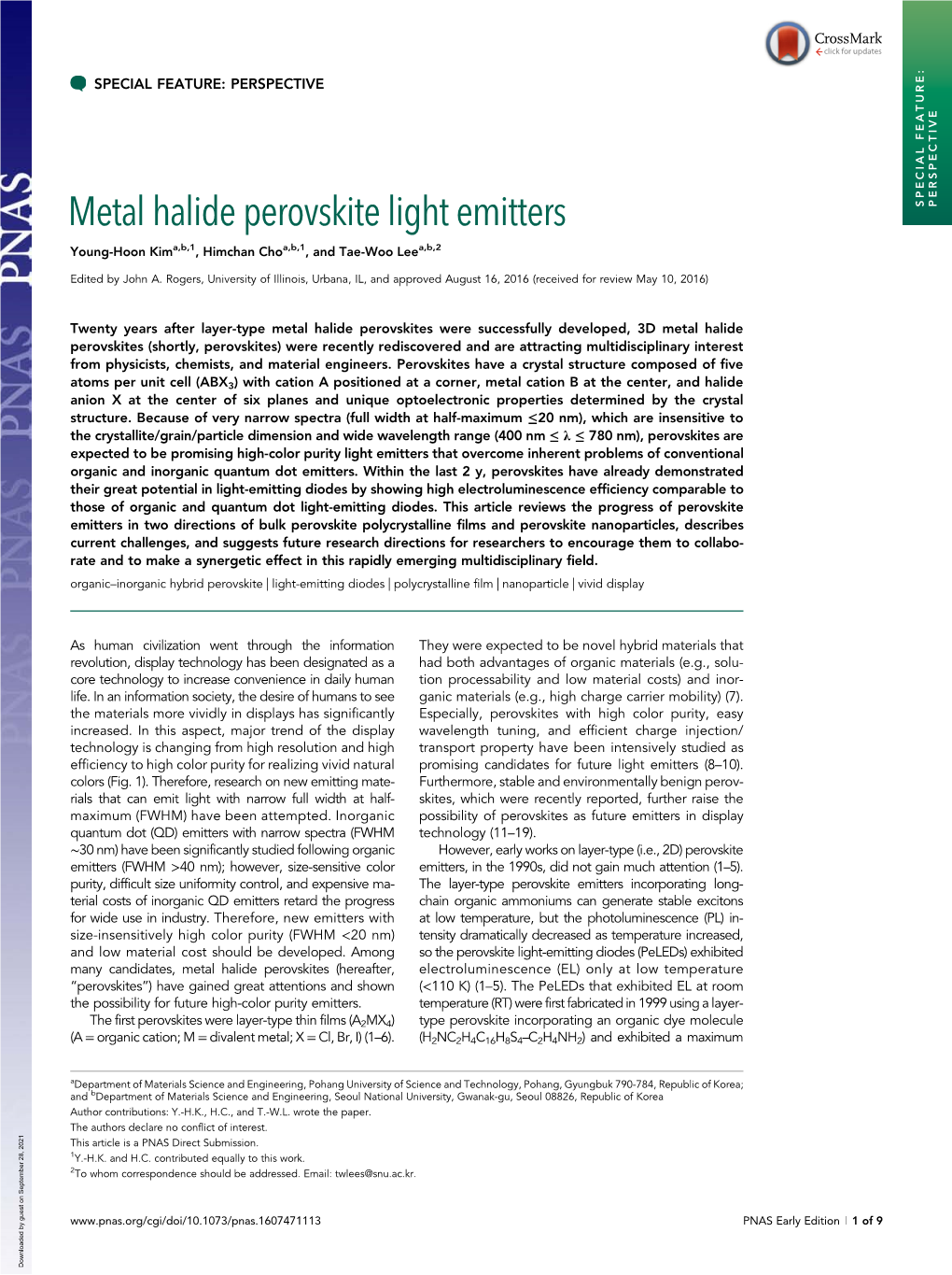 Metal Halide Perovskite Light Emitters SPECIAL FEATURE: PERSPECTIVE Young-Hoon Kima,B,1, Himchan Choa,B,1, and Tae-Woo Leea,B,2