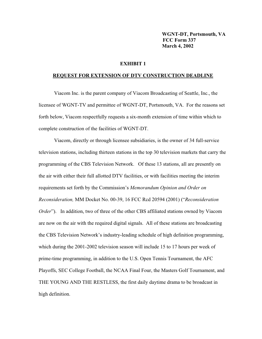 WGNT-DT, Portsmouth, VA FCC Form 337 March 4, 2002