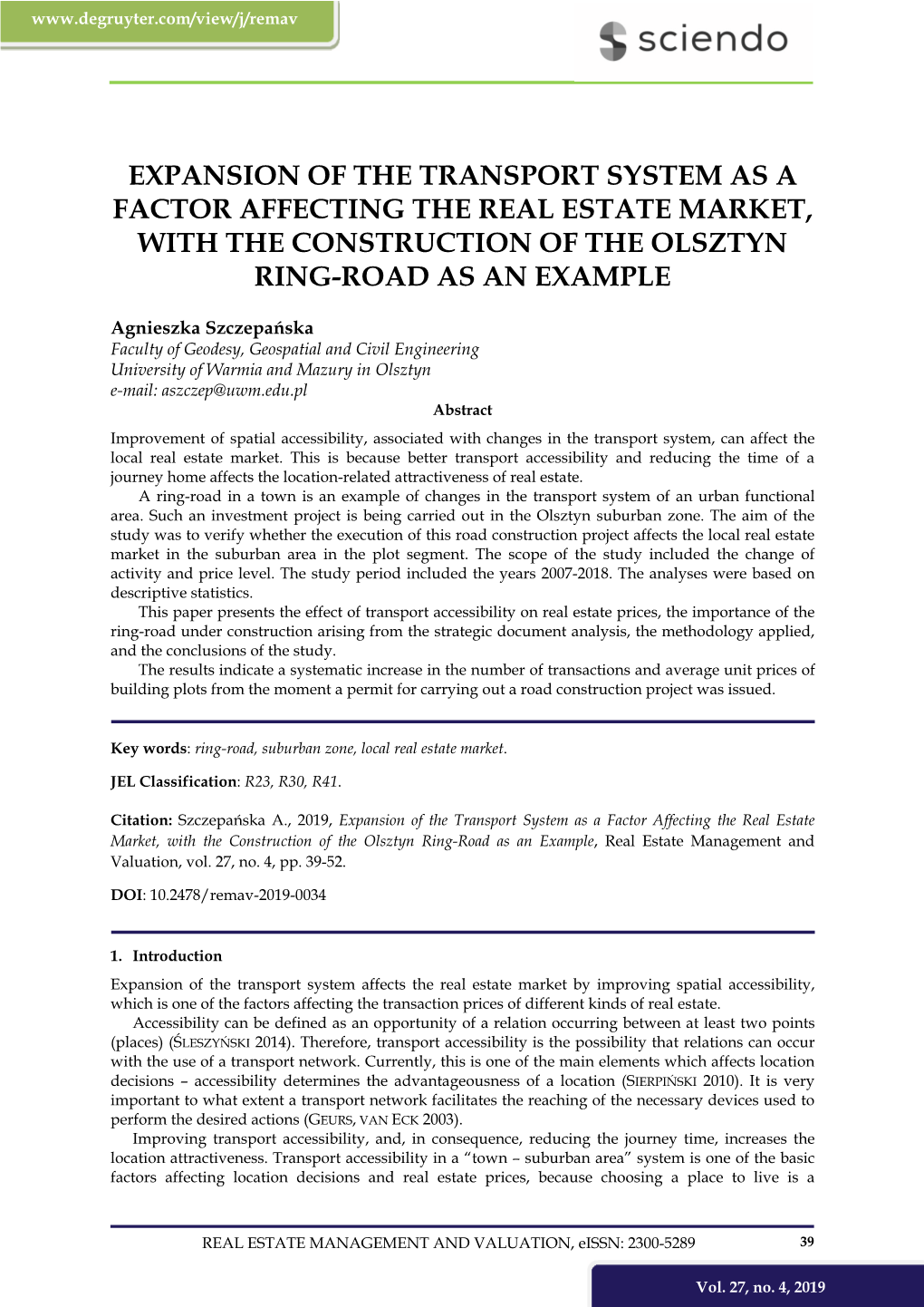 Expansion of the Transport System As a Factor Affecting the Real Estate Market, with the Construction of the Olsztyn Ring-Road As an Example