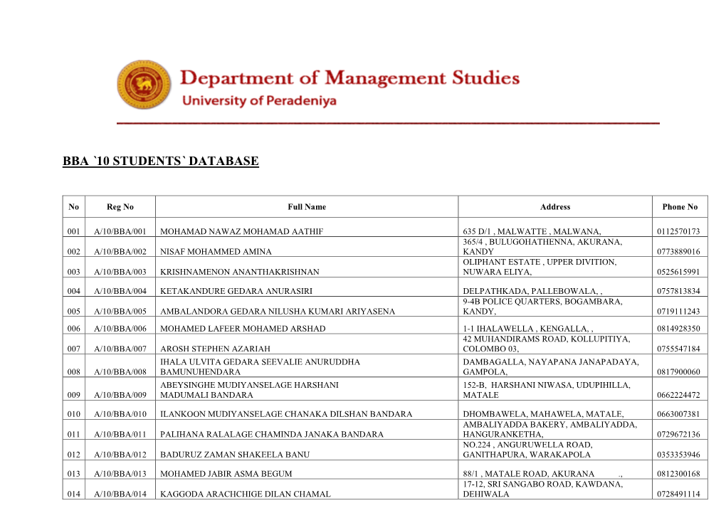 Bba `10 Students` Database