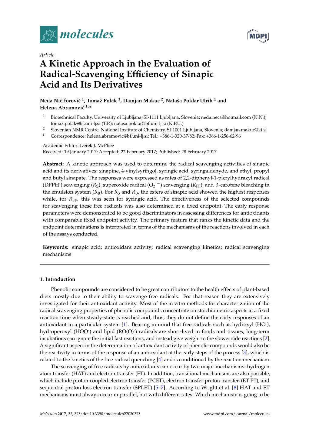 A Kinetic Approach in the Evaluation of Radical-Scavenging Efficiency Of