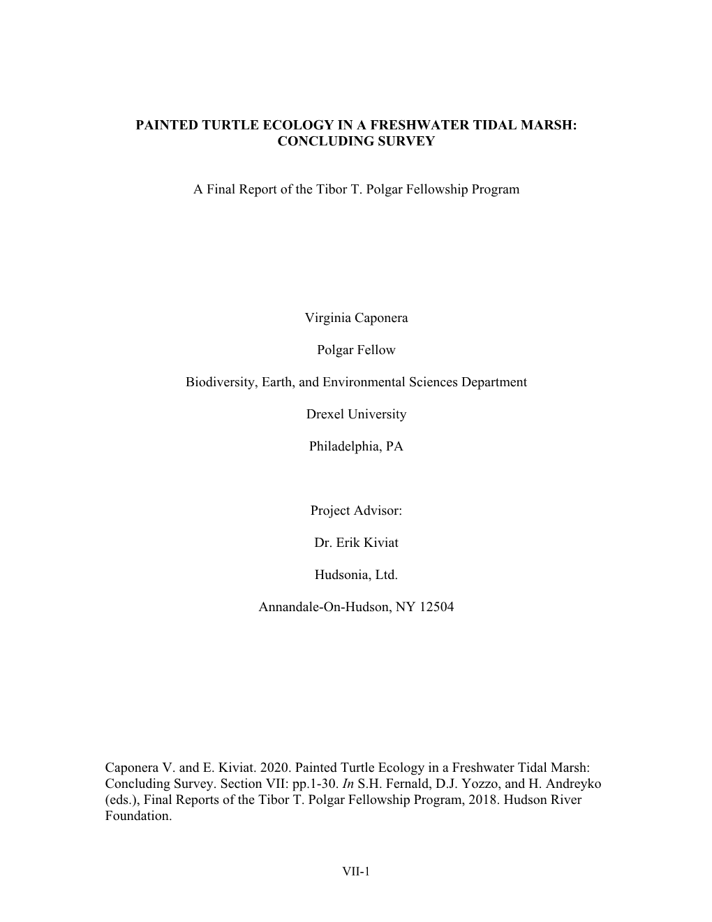 Painted Turtle Ecology in a Freshwater Tidal Marsh: Concluding Survey