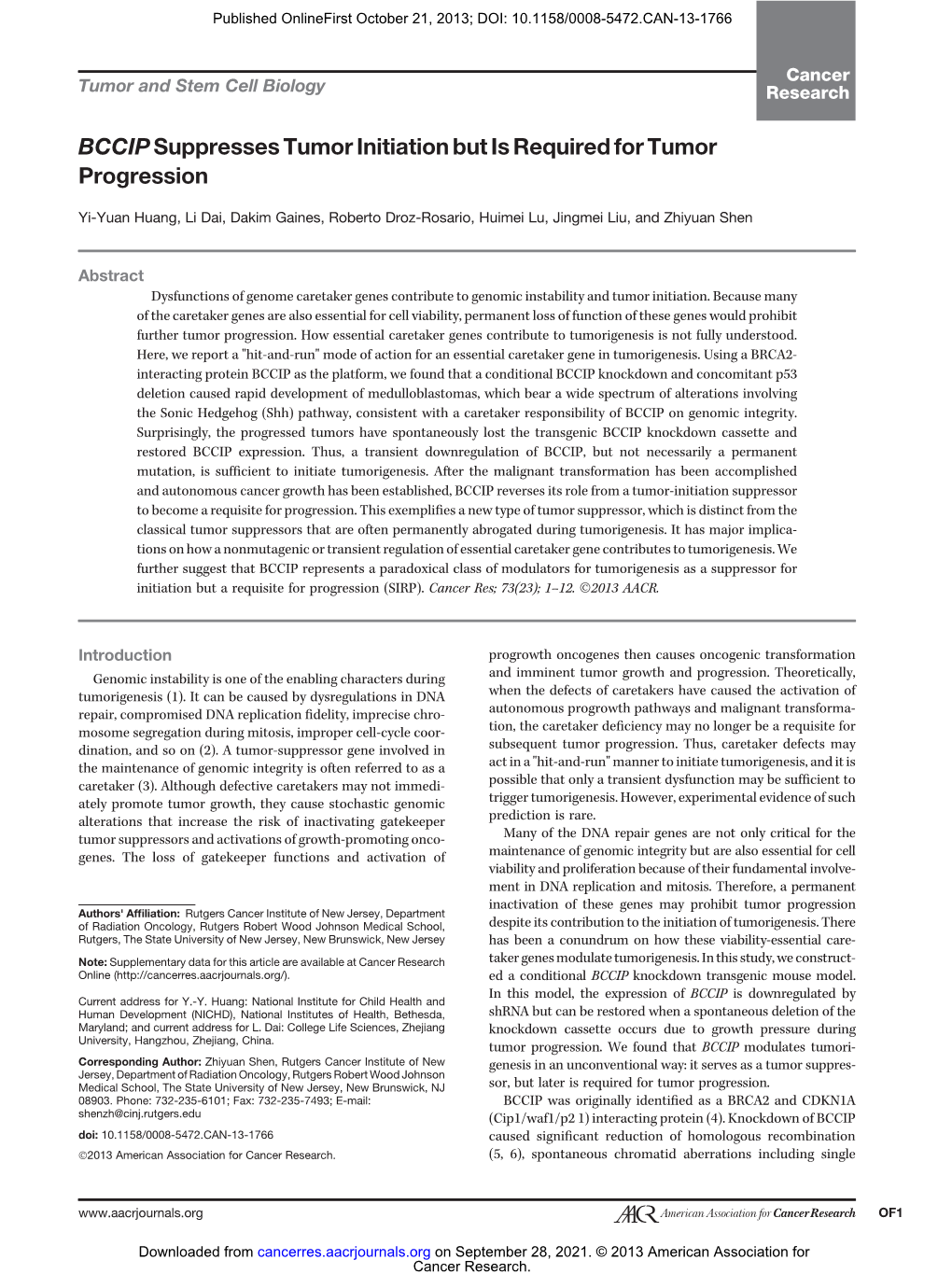 Bccipsuppresses Tumor Initiation but Is Required For