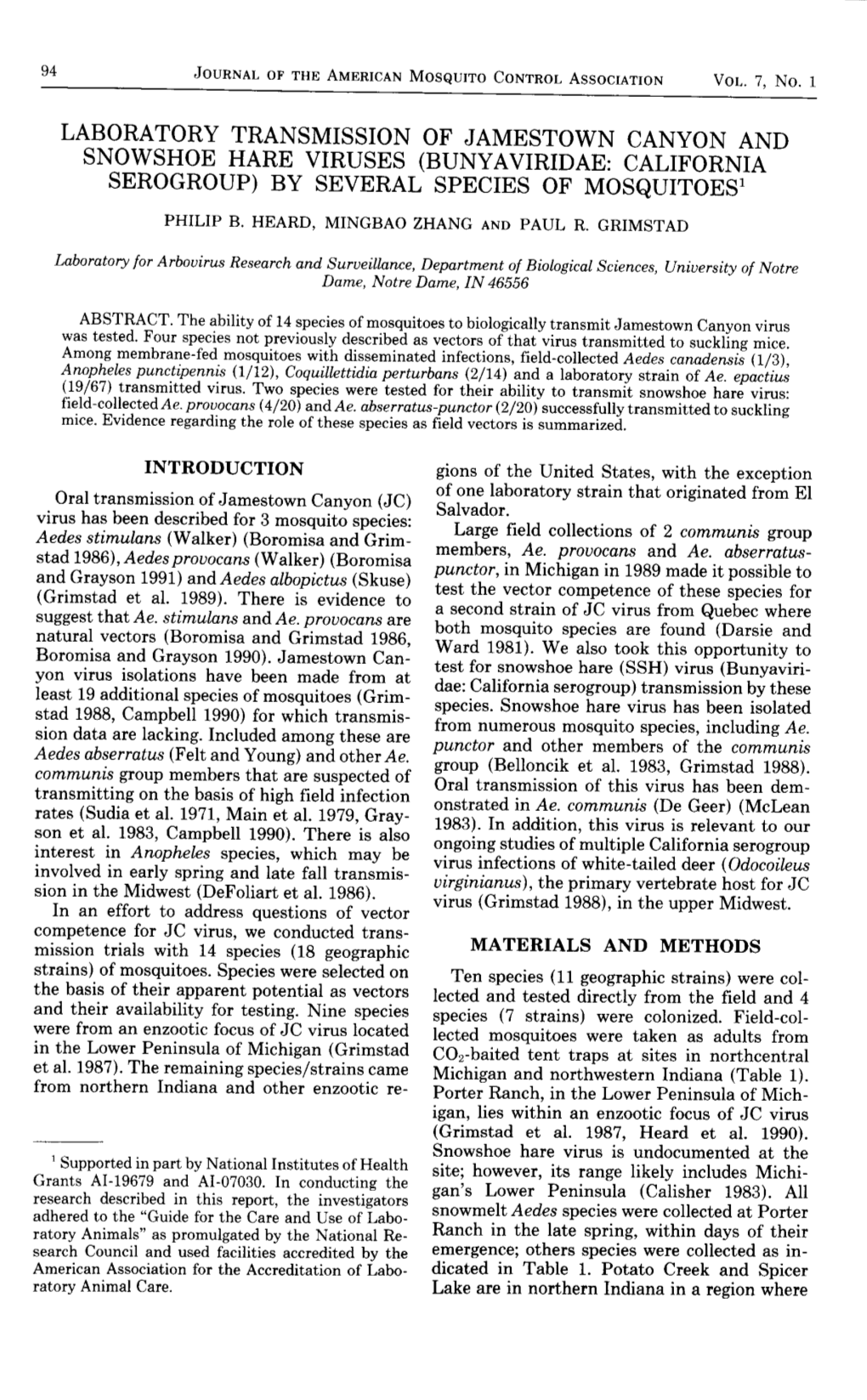 Laboratory Transmission of SSH Virus by Ment Againstthe Coevolutionofvirus and Vector Ae