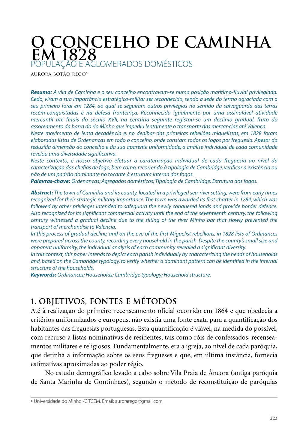 O Concelho De Caminha Em 1828 População E Aglomerados Domésticos Aurora Botão Rego*