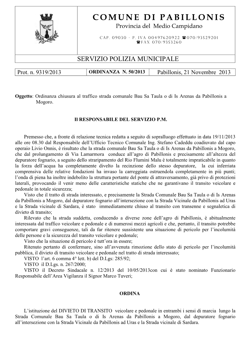 COMUNE DI PABILLONIS Provincia Del Medio Campidano