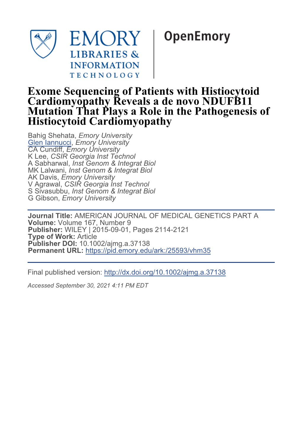 Exome Sequencing of Patients with Histiocytoid