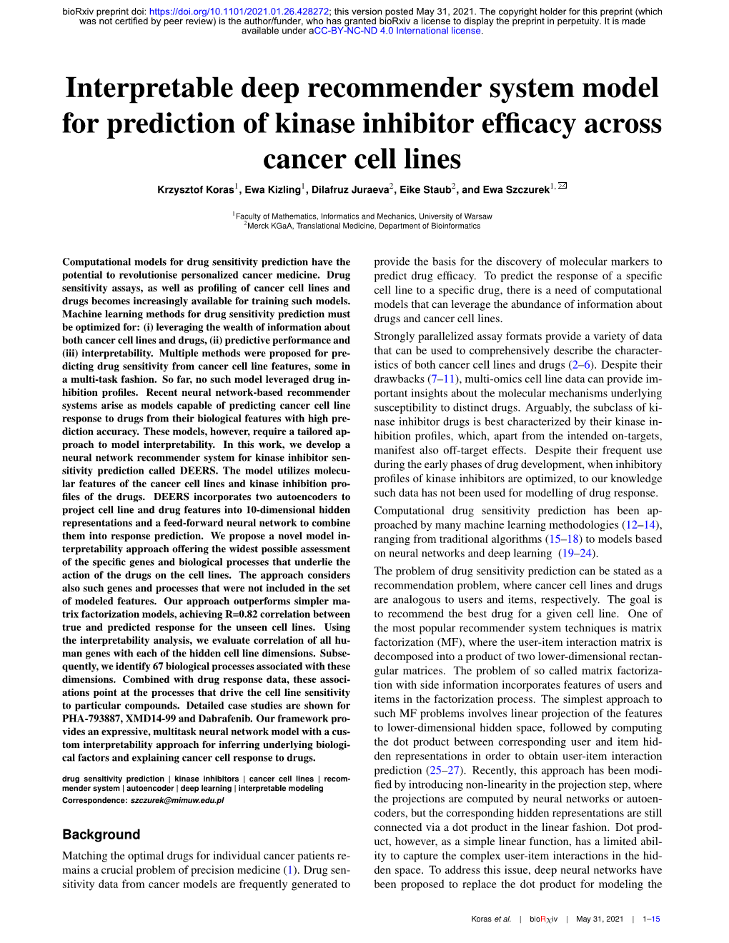 Interpretable Deep Recommender System Model for Prediction of Kinase Inhibitor Efficacy Across Cancer Cell Lines