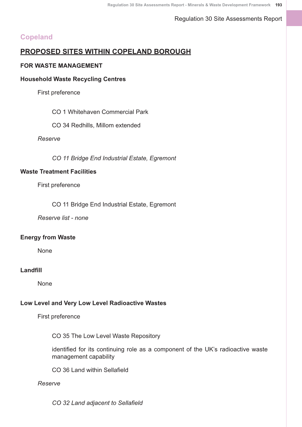 Copeland PROPOSED SITES WITHIN COPELAND BOROUGH