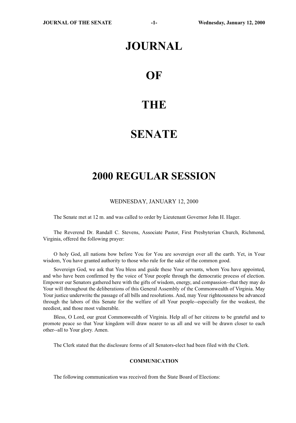 JOURNAL of the SENATE -1- Wednesday, January 12, 2000