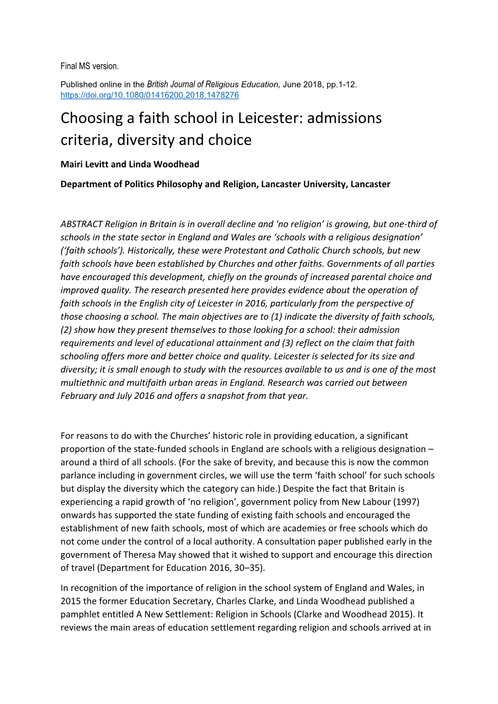 Choosing a Faith School in Leicester: Admissions Criteria, Diversity and Choice