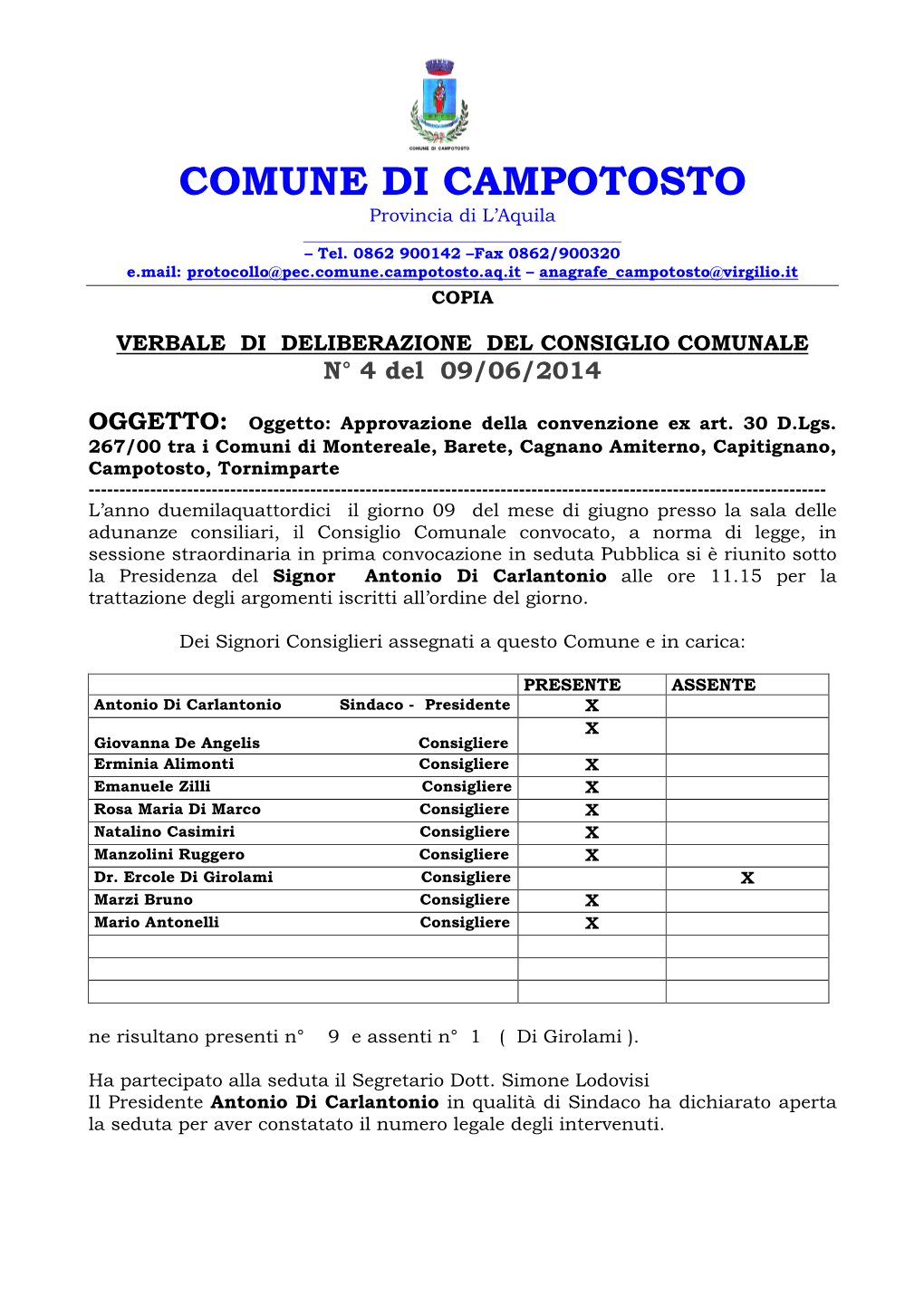 COMUNE DI CAMPOTOSTO Provincia Di L’Aquila ______– Tel